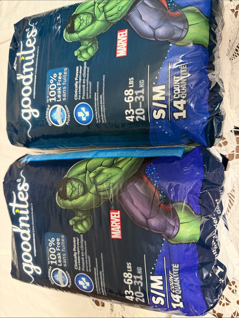 Bundle of 2 bags of Boys goodnites nighttime underwear Hulk design size